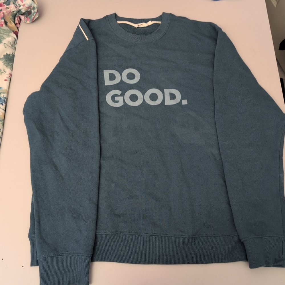 Cotopaxi Blue Crewneck Sweater with 'Do Good' Slogan